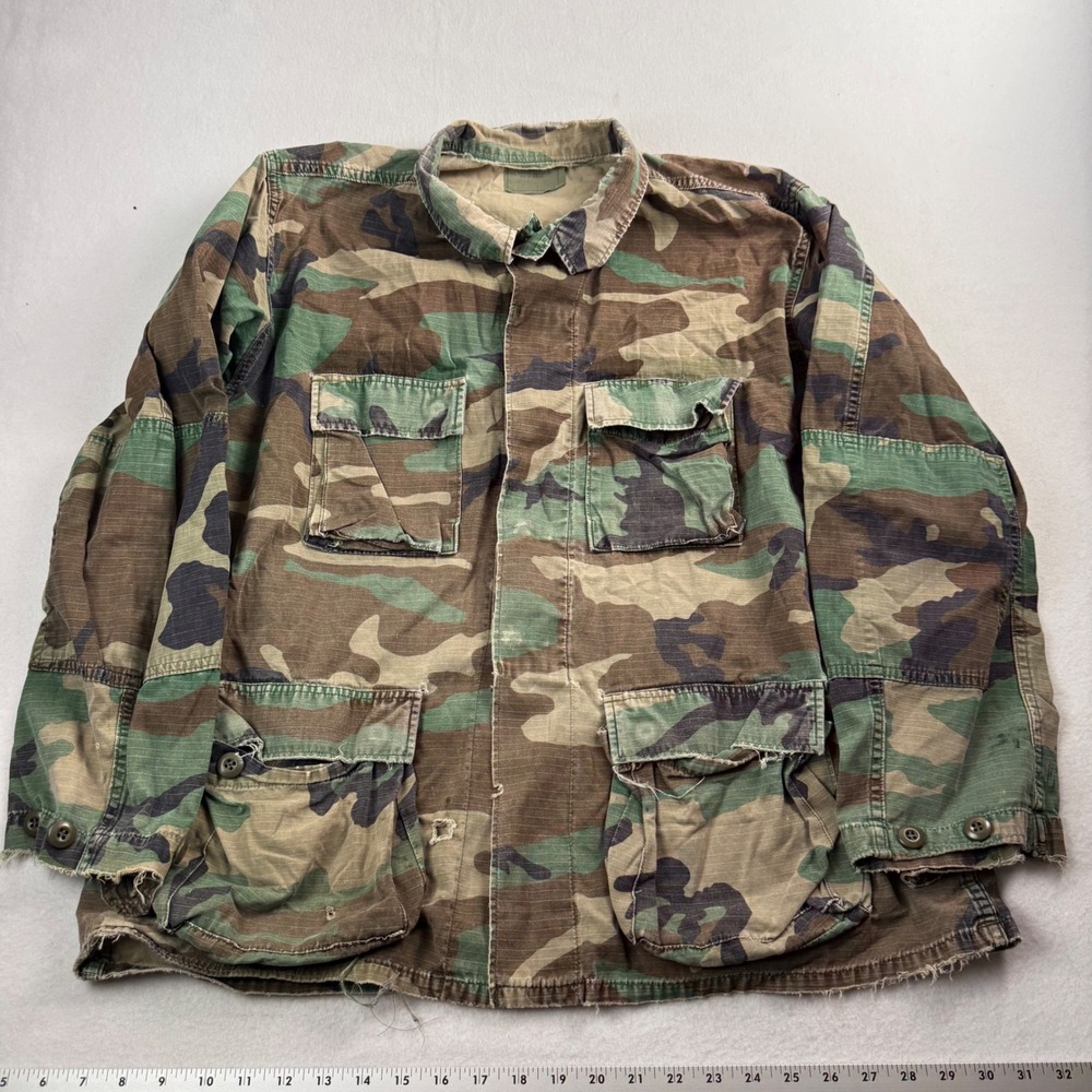 Vintage US Military Woodland Camo BDU Field Jacket Distressed Ripstop Large L